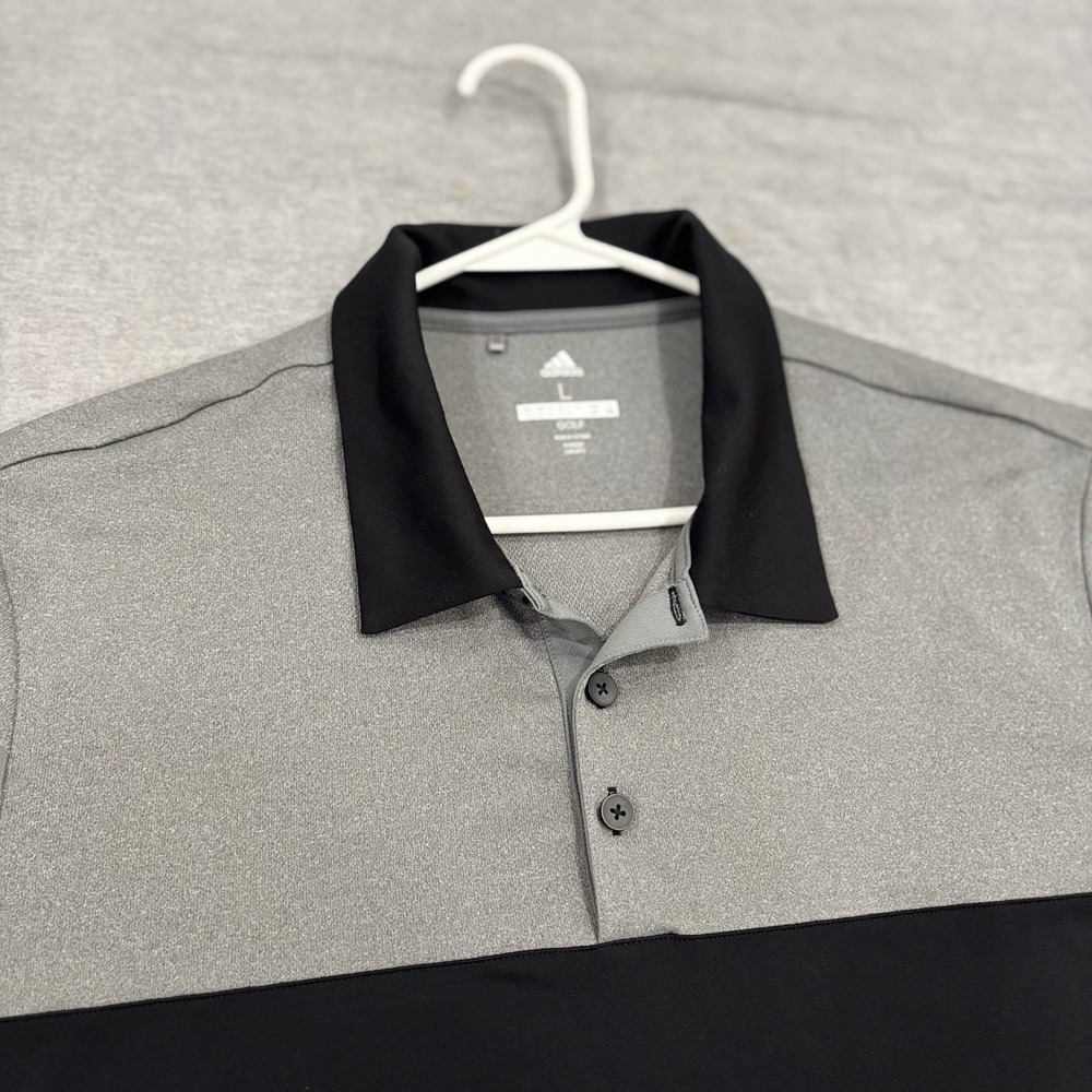 Adidas Golf Polo Shirt Men Large Black Heather Grey 3-Stripes Sleeve Performance
